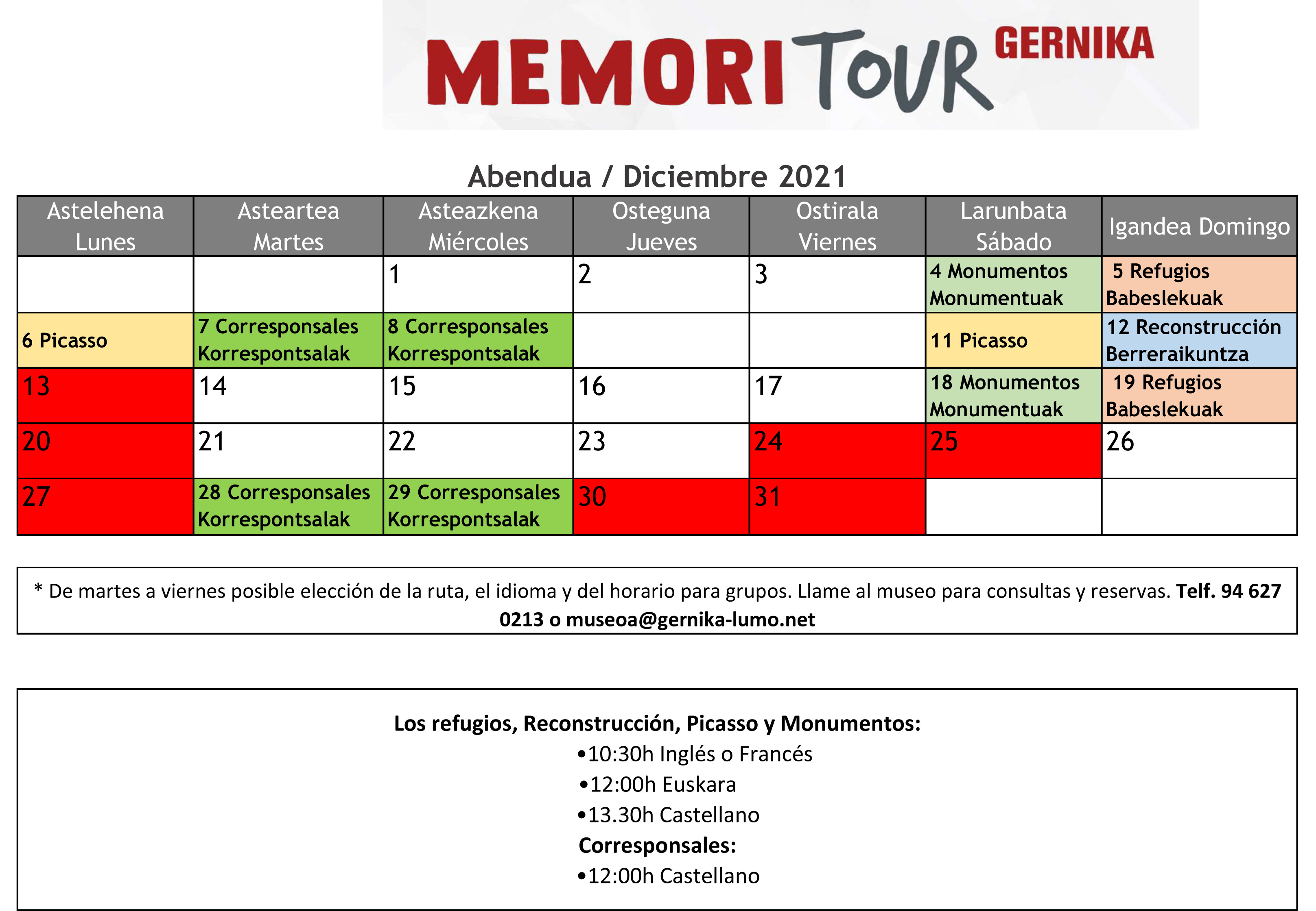 horario memoritour gernika diciembre 2021 